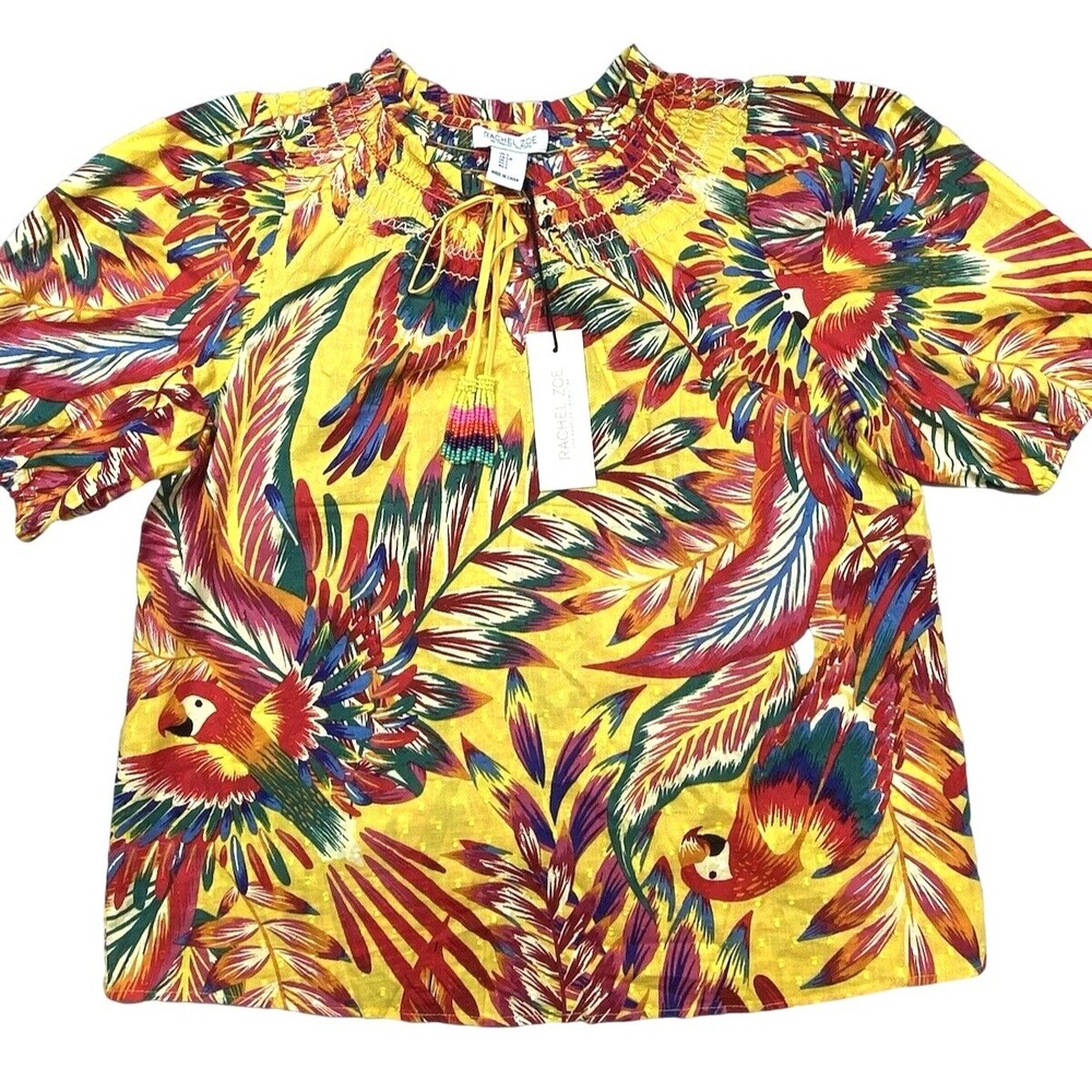 Rachel Zoe Blouse Womens S Yellow Parrot Print Beaded Tassel Short Sleeve Boho